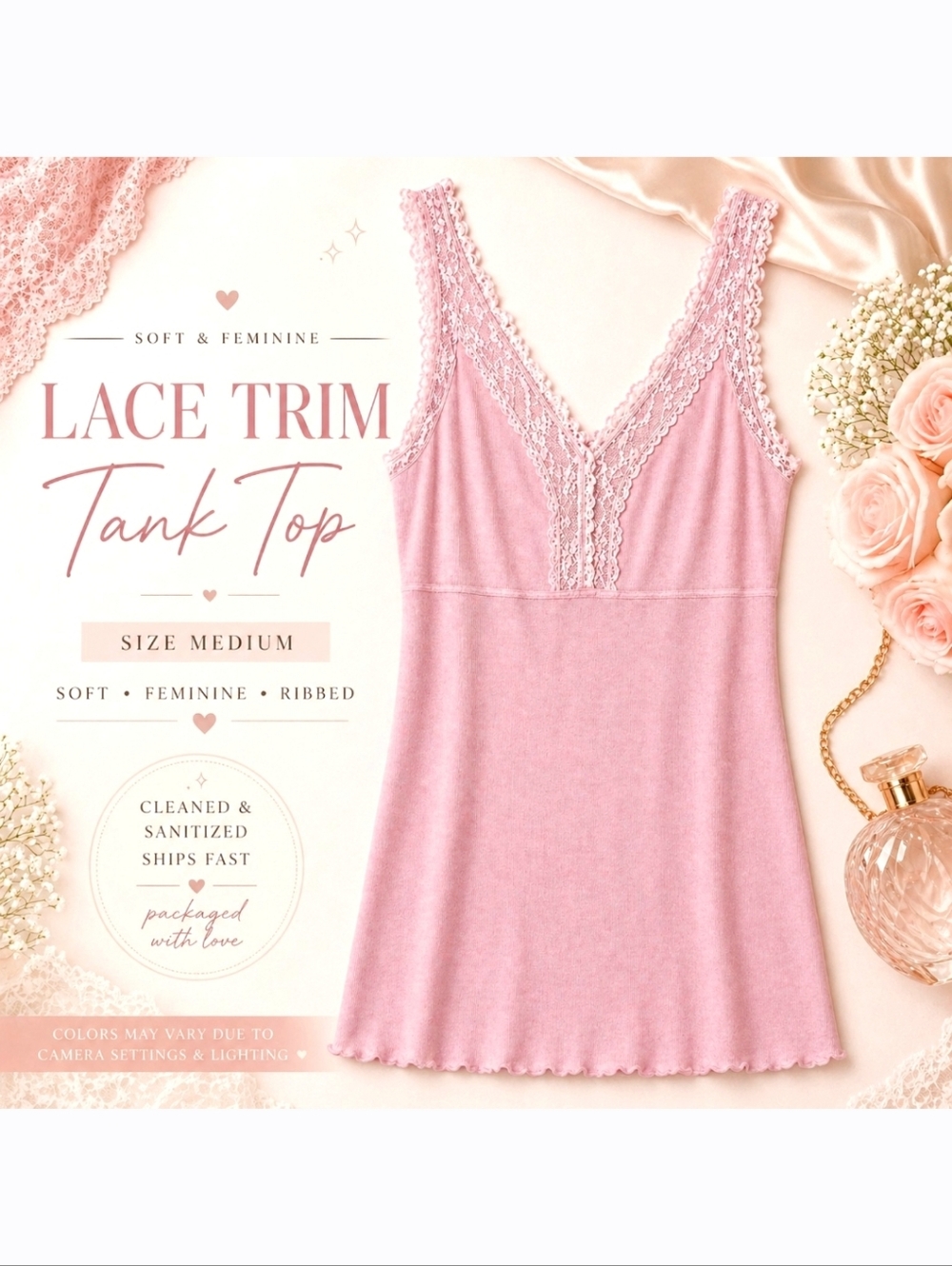 POL Pink Lace Trim Ribbed Tank Top Medium Feminine Soft Stretch Cami Boho